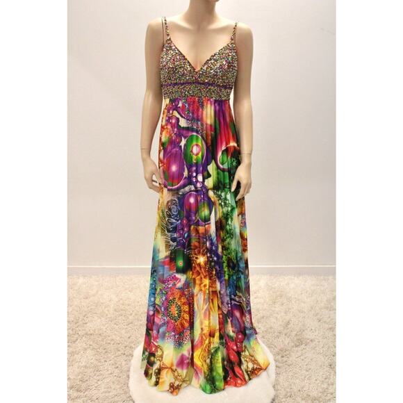 Beaded phsychedelic Full Sweep Gown sz 8 Tall Cinderella Mardi Gras Formal Prom - Picture 1 of 15